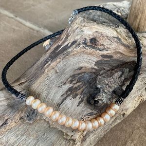 Pearl and leather and sterling necklace